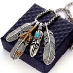 Men's Feather Pendant Necklace – 4pcs Silver Plated Hip-Hop Chain with Synthetic Gem