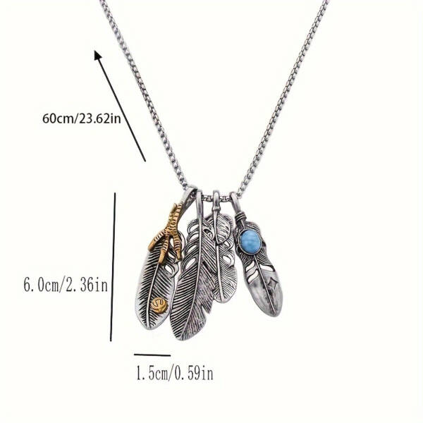 Men's Feather Pendant Necklace – 4pcs Silver Plated Hip-Hop Chain with Synthetic Gem - Image 4