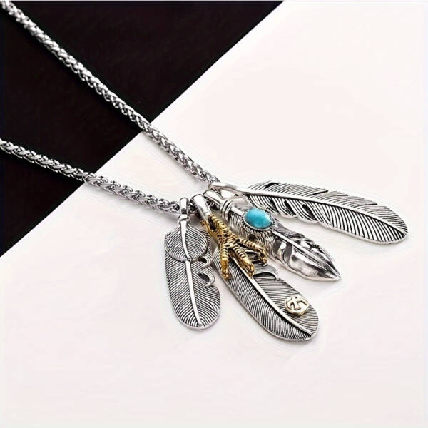 Men's Feather Pendant Necklace – 4pcs Silver Plated Hip-Hop Chain with Synthetic Gem - Image 6