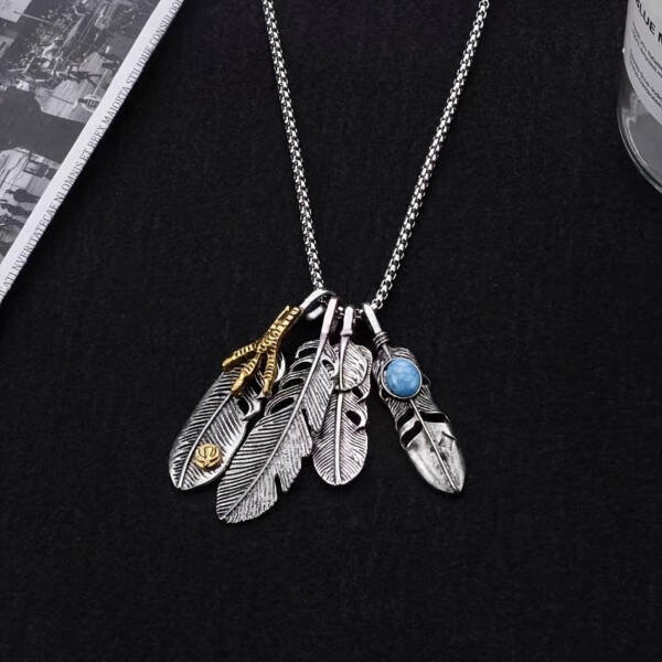 Men's Feather Pendant Necklace – 4pcs Silver Plated Hip-Hop Chain with Synthetic Gem - Image 3