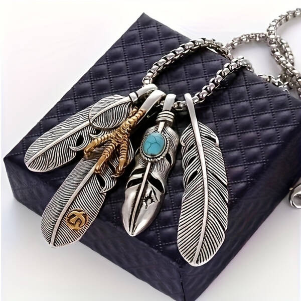 Men's Feather Pendant Necklace – 4pcs Silver Plated Hip-Hop Chain with Synthetic Gem - Image 2