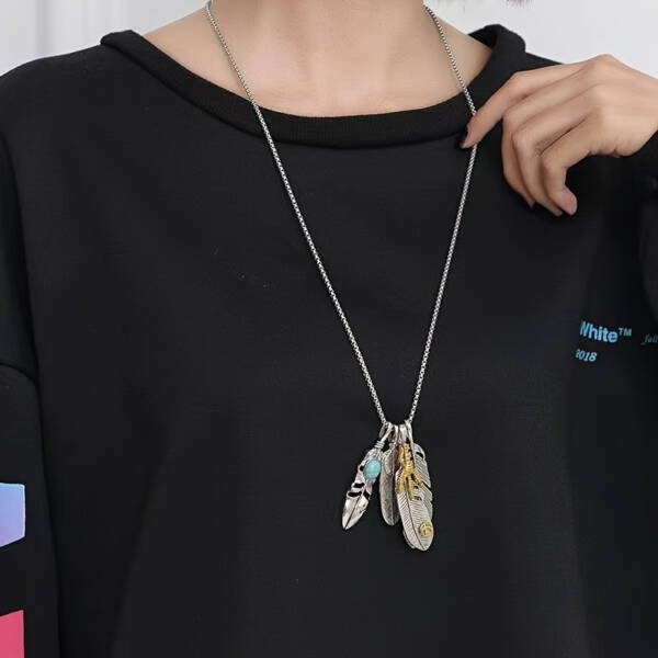 Men's Feather Pendant Necklace – 4pcs Silver Plated Hip-Hop Chain with Synthetic Gem - Image 5