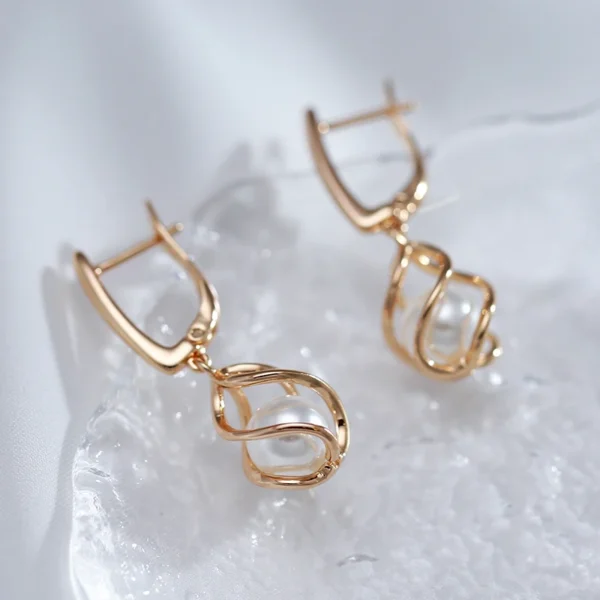 Hollow Pearl Drop Luxury Earrings – Rose Gold & Zircon – Image 4