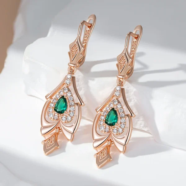 Green Flower Drop Vintage Luxury Earrings – Rose Gold & Zircon – Image 3