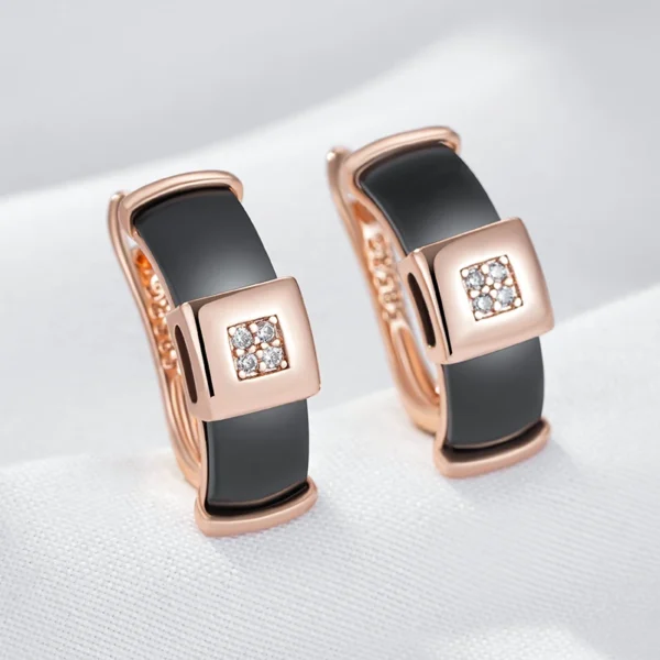 Black Ceramic Drop Luxury Earrings – Rose Gold & Zircon – Image 4