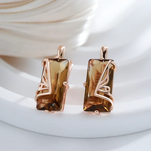 Light Brown Square Drop Luxury Earrings – Rose Gold & Zircon - Image 3