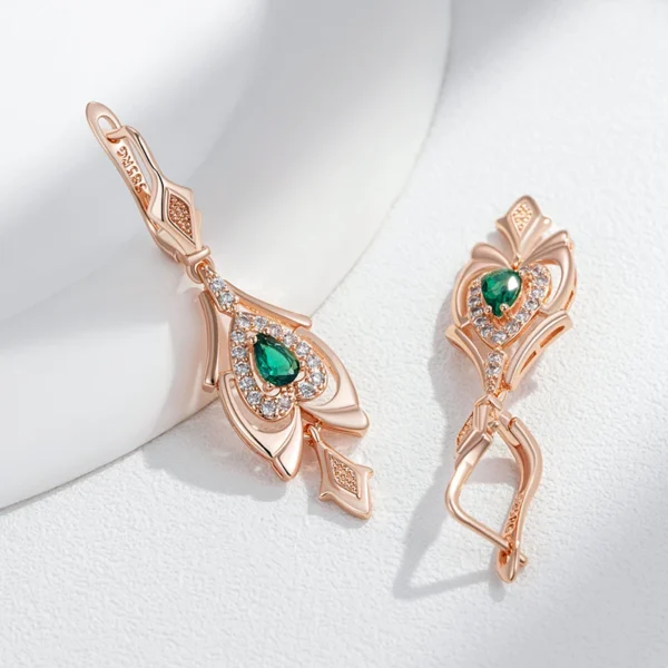 Green Flower Drop Vintage Luxury Earrings – Rose Gold & Zircon – Image 4