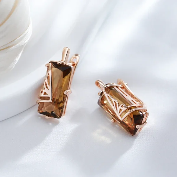 Light Brown Square Drop Luxury Earrings – Rose Gold & Zircon - Image 4