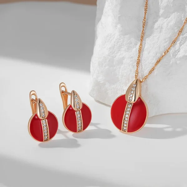 Red Enamel Drop Luxury Earrings – Rose Gold & Zircon – Image 3