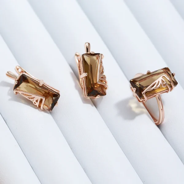 Light Brown Square Drop Luxury Earrings – Rose Gold & Zircon - Image 5
