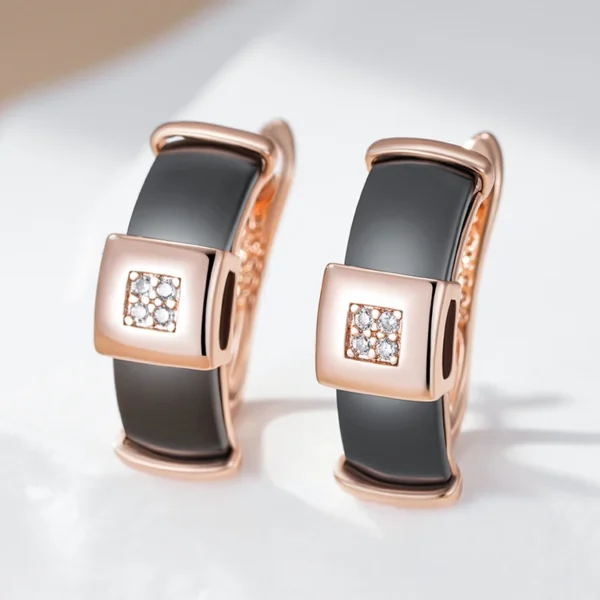 Black Ceramic Drop Luxury Earrings – Rose Gold & Zircon – Image 3