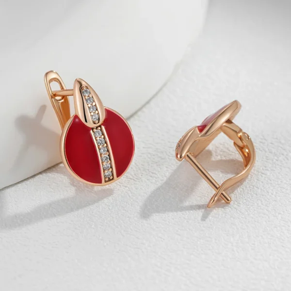 Red Enamel Drop Luxury Earrings – Rose Gold & Zircon – Image 4