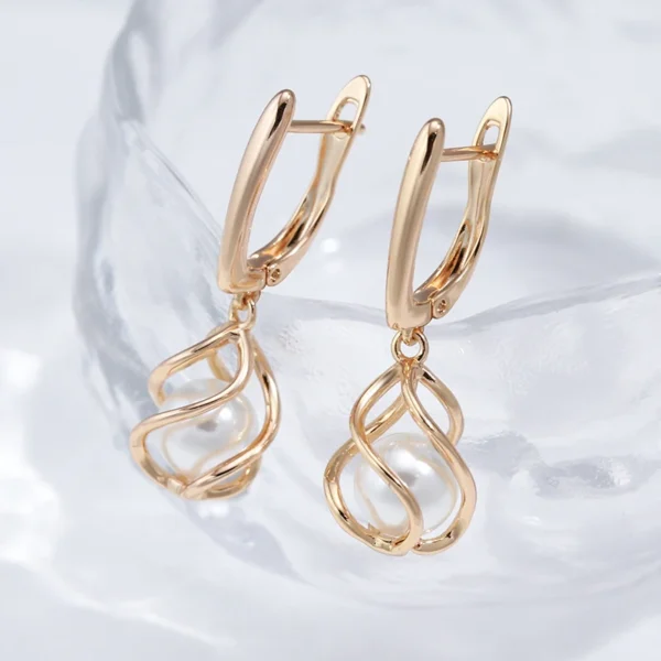 Hollow Pearl Drop Luxury Earrings – Rose Gold & Zircon – Image 3