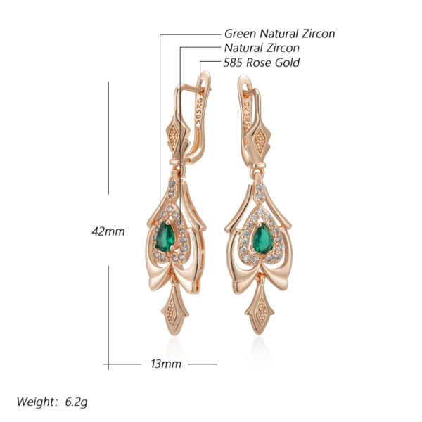 Green Flower Drop Vintage Luxury Earrings – Rose Gold & Zircon – Image 2
