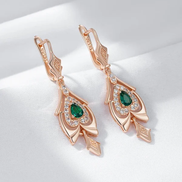 Green Flower Drop Vintage Luxury Earrings – Rose Gold & Zircon – Image 5