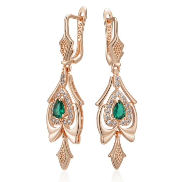 Green Flower Drop Vintage Luxury Earrings – Rose Gold & Zircon